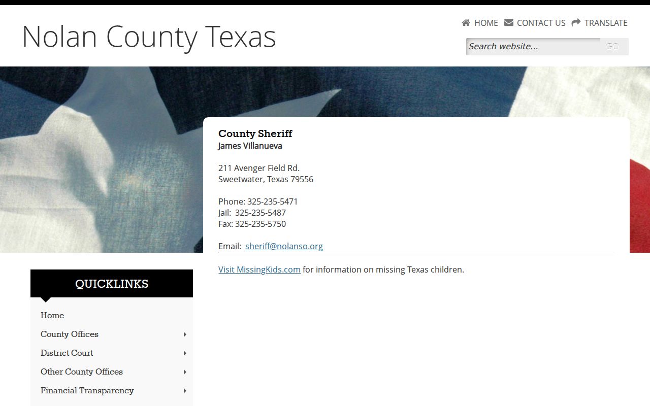 Nolan County arrest search using the Sheriff and jail contact page