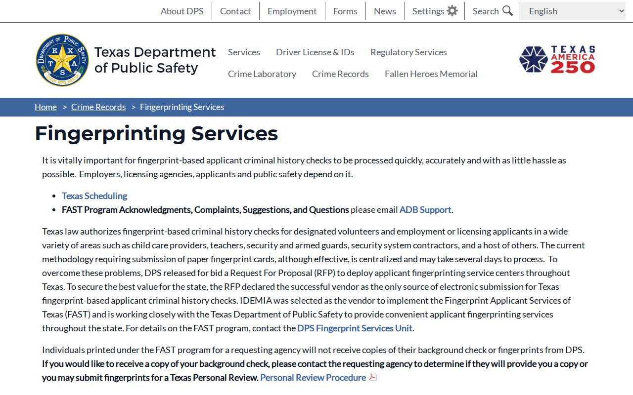 Texas fingerprint service for a Blackwell criminal record self-check