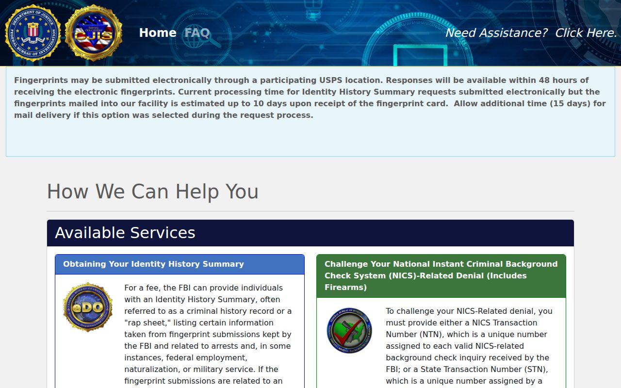 FBI electronic identity history portal for a Blackwell record self-review