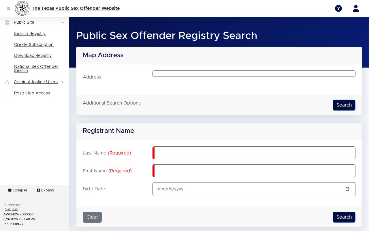Texas DPS search form for a Nolan County sex offender lookup